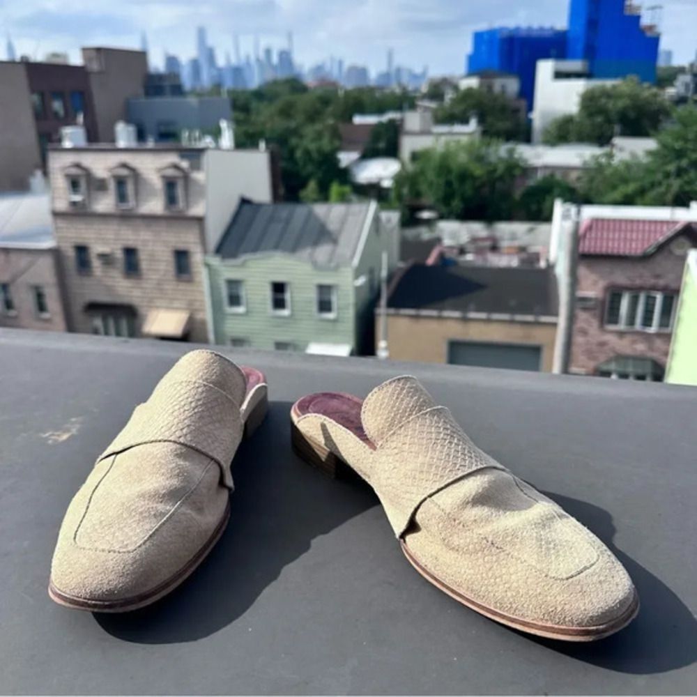 Free People Neutral Beige Textured Leather Backless Mules